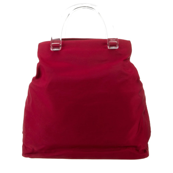 PRADA  ENAMELED METAL TRIANGLE NYLON PINK/RED TOTE W/CLEAR LUCITE HANDLES - Picture 1 of 12